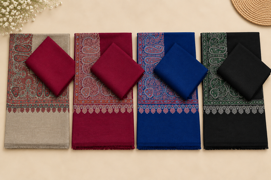 3-Piece Plain Pashmina Suit with Kani Border Shawl