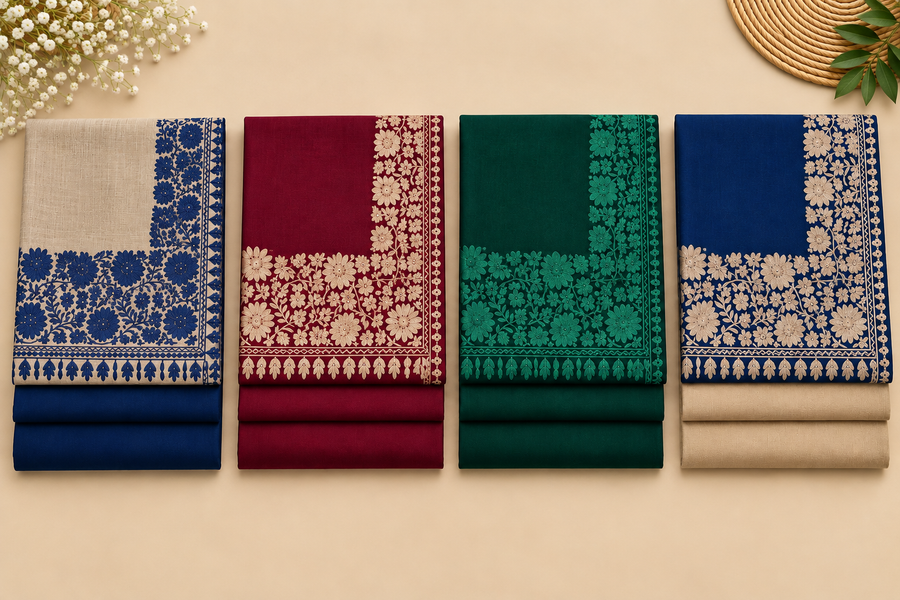 3-Piece Plain Pashmina Suit with 4 Side Kashmiri Border Embroidered Shawls