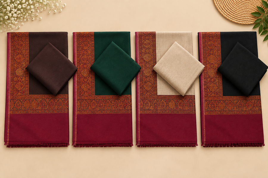 3-Piece Plain Pashmina Suit with Kani Patch Work Border Shawl