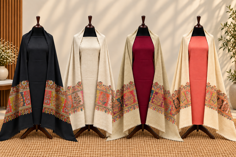 3-Piece Plain Pashmina Suit with Kani Border + Self Pashmina Shawl