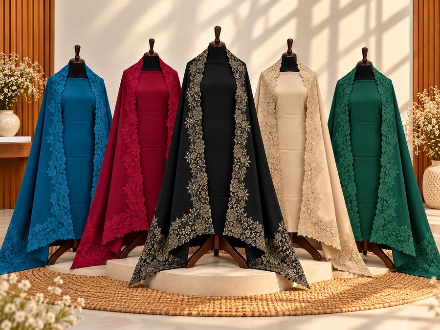 3-Piece Plain Pashmina Suit with Chantilly & Appliqué Work Border Shawl