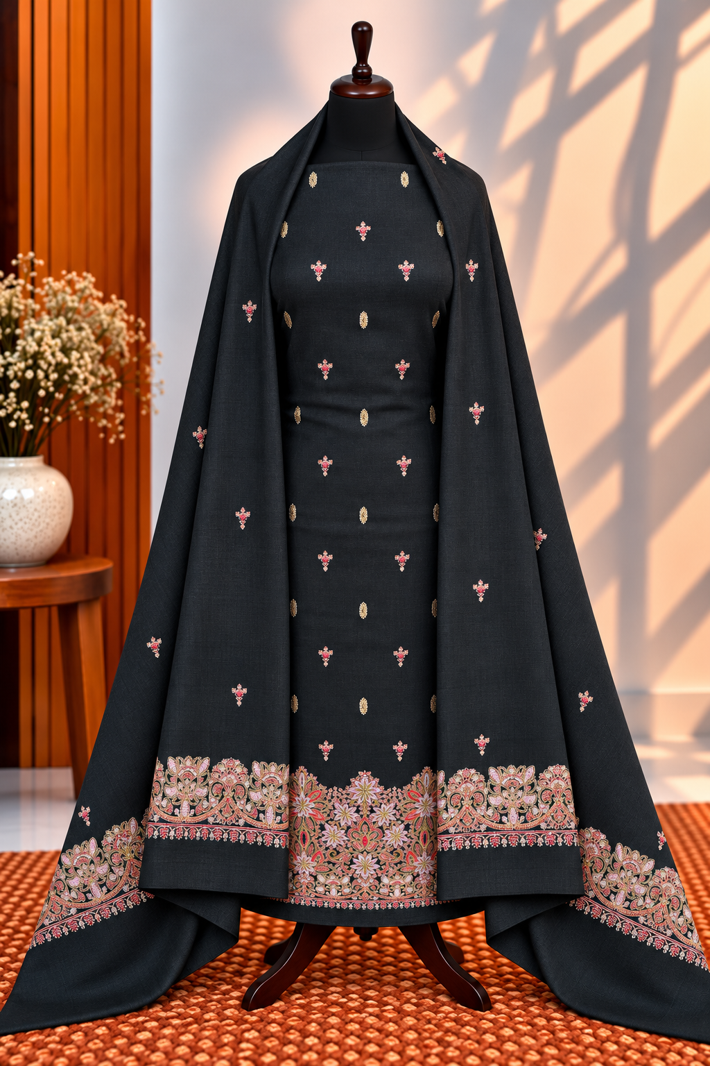 Black Premium Pashmina 3-Piece Embroidered Suit