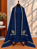 Navy Blue 3-Piece Plain Pashmina Suit with 4-Side Kingri Border Shawl