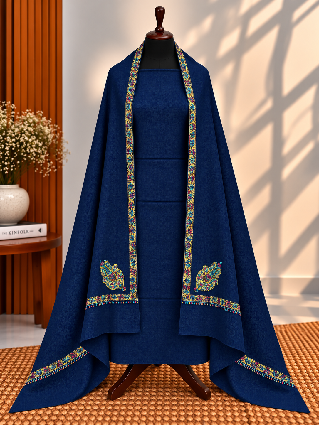 Navy Blue 3-Piece Plain Pashmina Suit with 4-Side Kingri Border Shawl