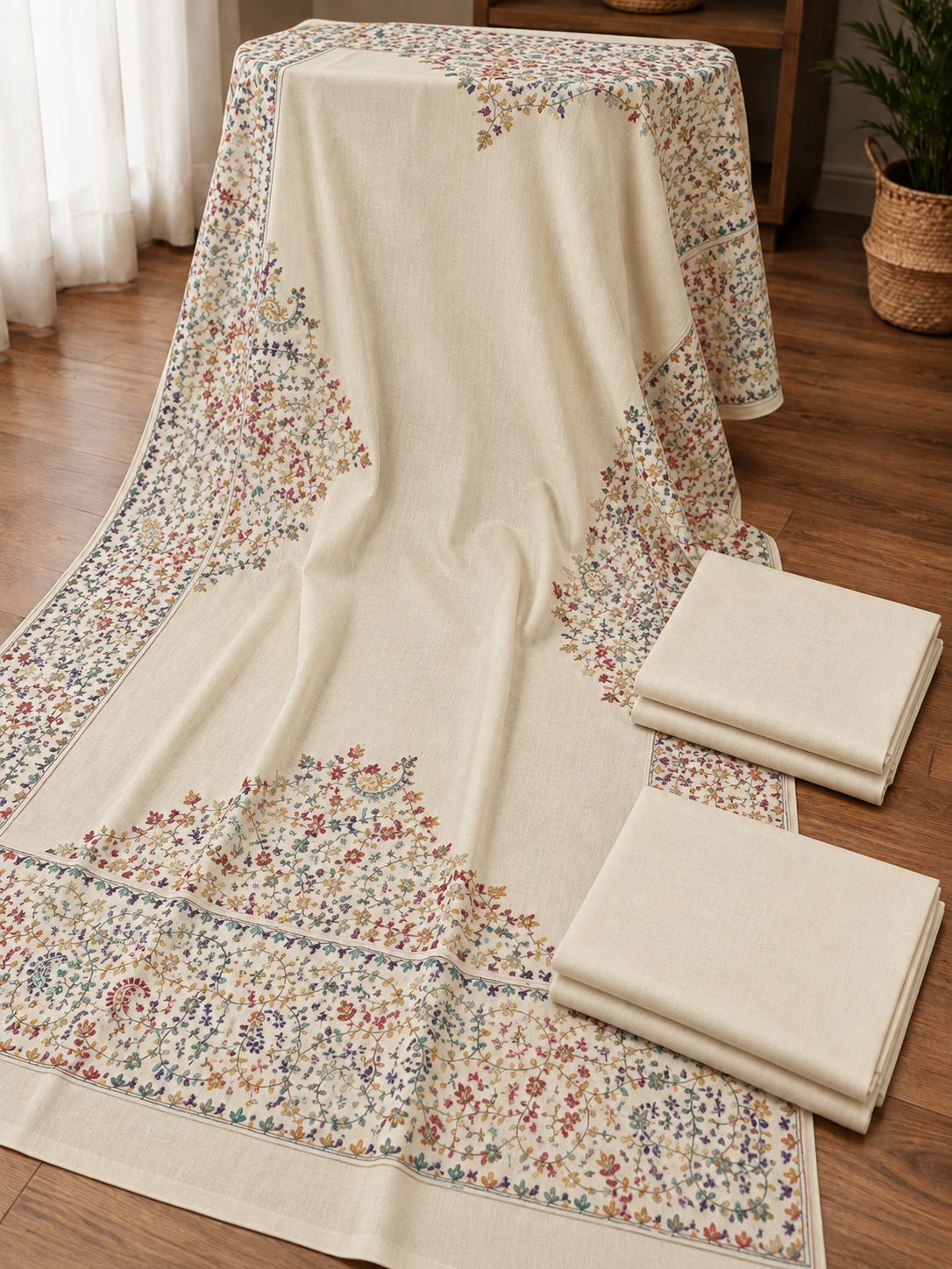 Light Skin Plain Pashmina 3Pc Suit With Handmade Needle Work Shawl