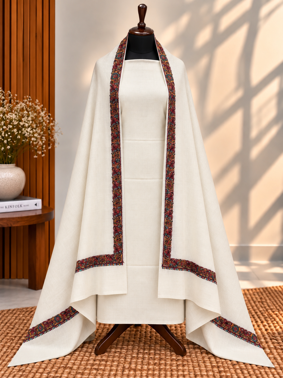 Off-White 3-Piece Plain Pashmina Suit with 4-Side Hashia Border Shawl