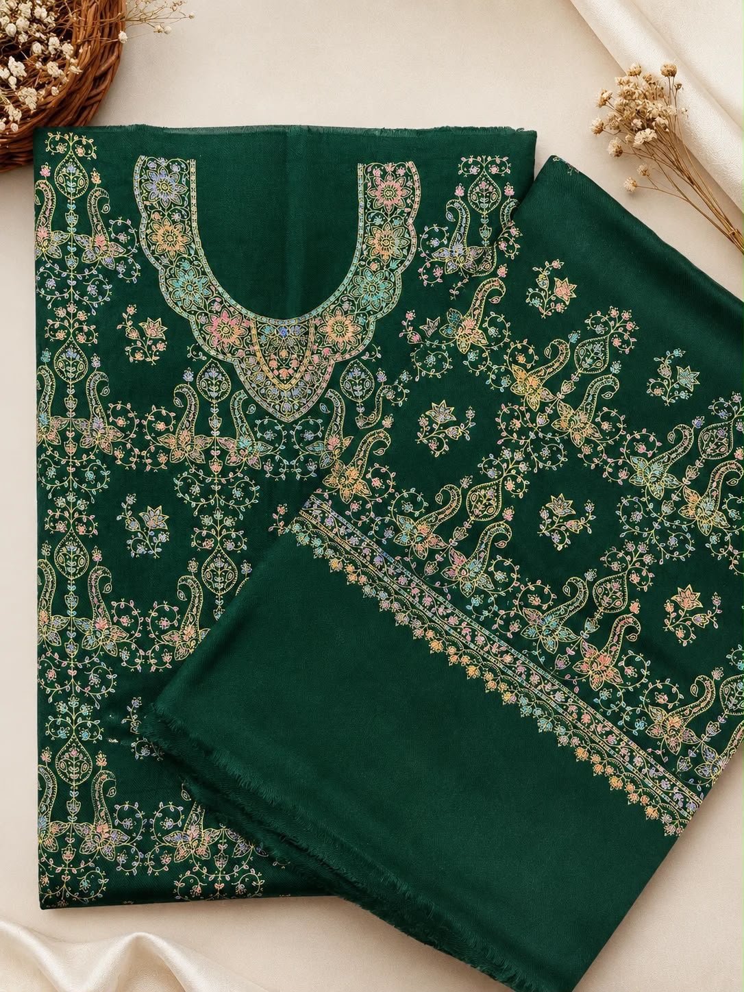 Kashmiri Pashmina Handmade Kacha Tanka Needle Work 3Pc Suit image 0