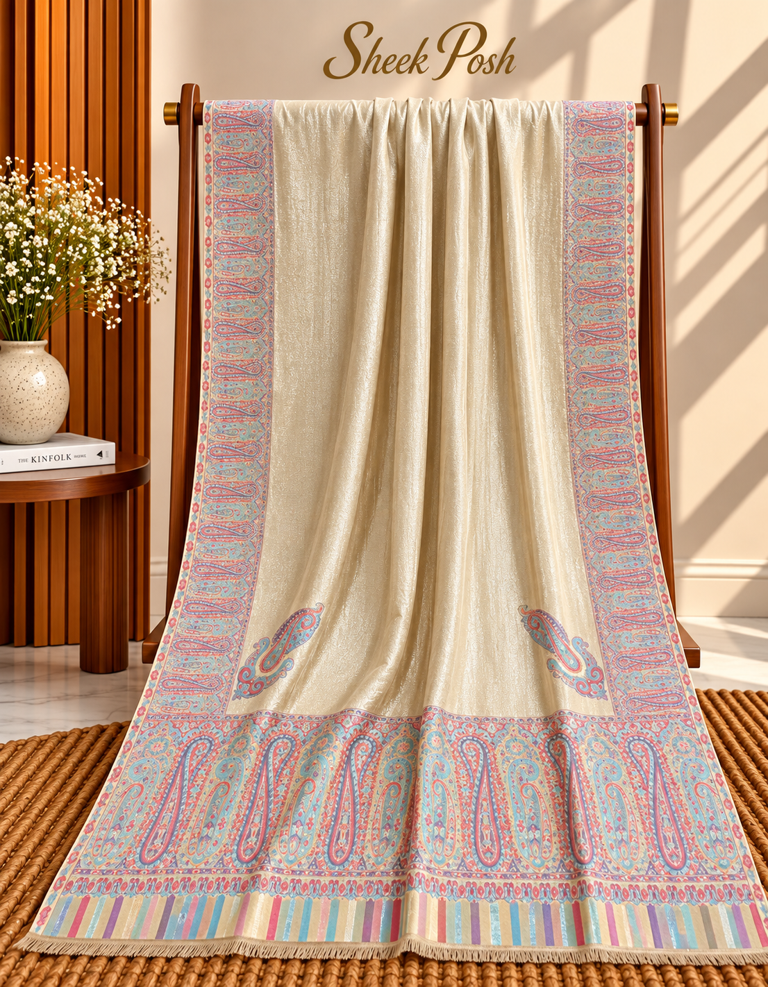 Off-White Moonlight Kani Border Shawl – Pink & Grey Paisley