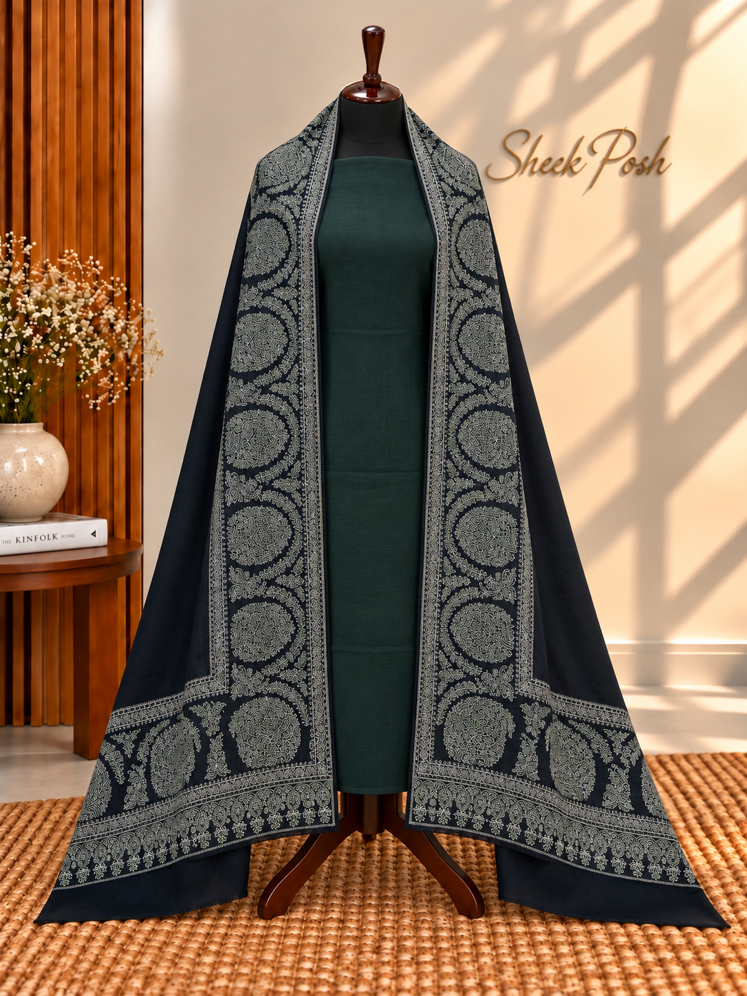 Black with Green 3-Piece Plain Pashmina Suit with 4 Side Kani Paisley Border Pashmina Shawl