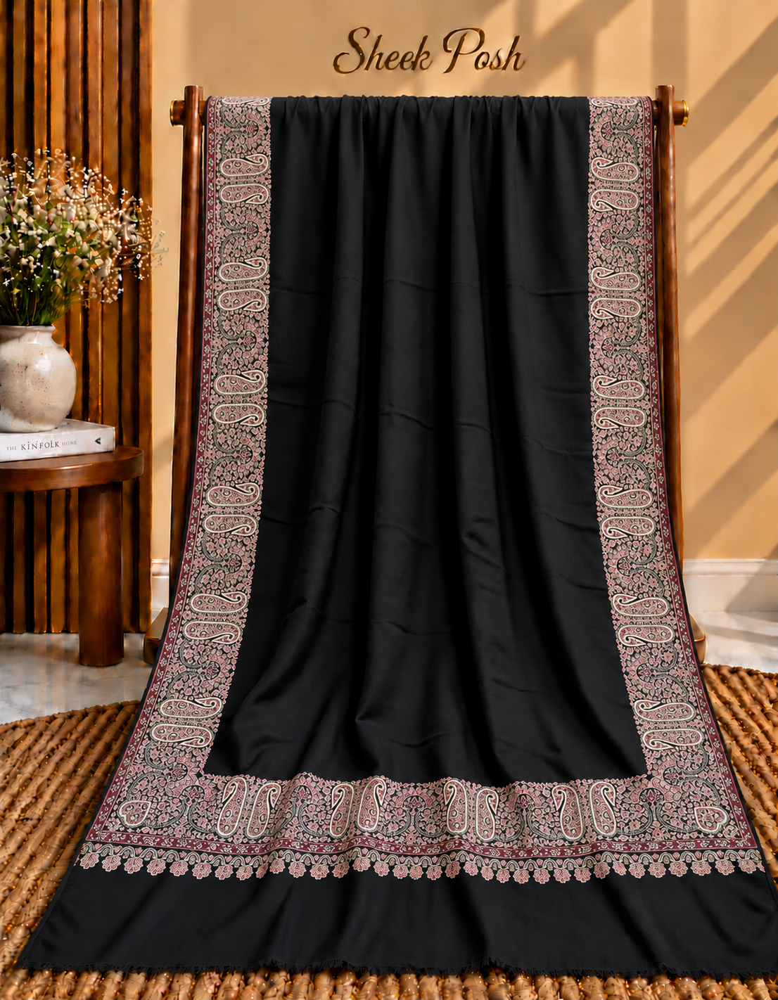 Black B2 Pashmina Kani Paisley Border Shawl
