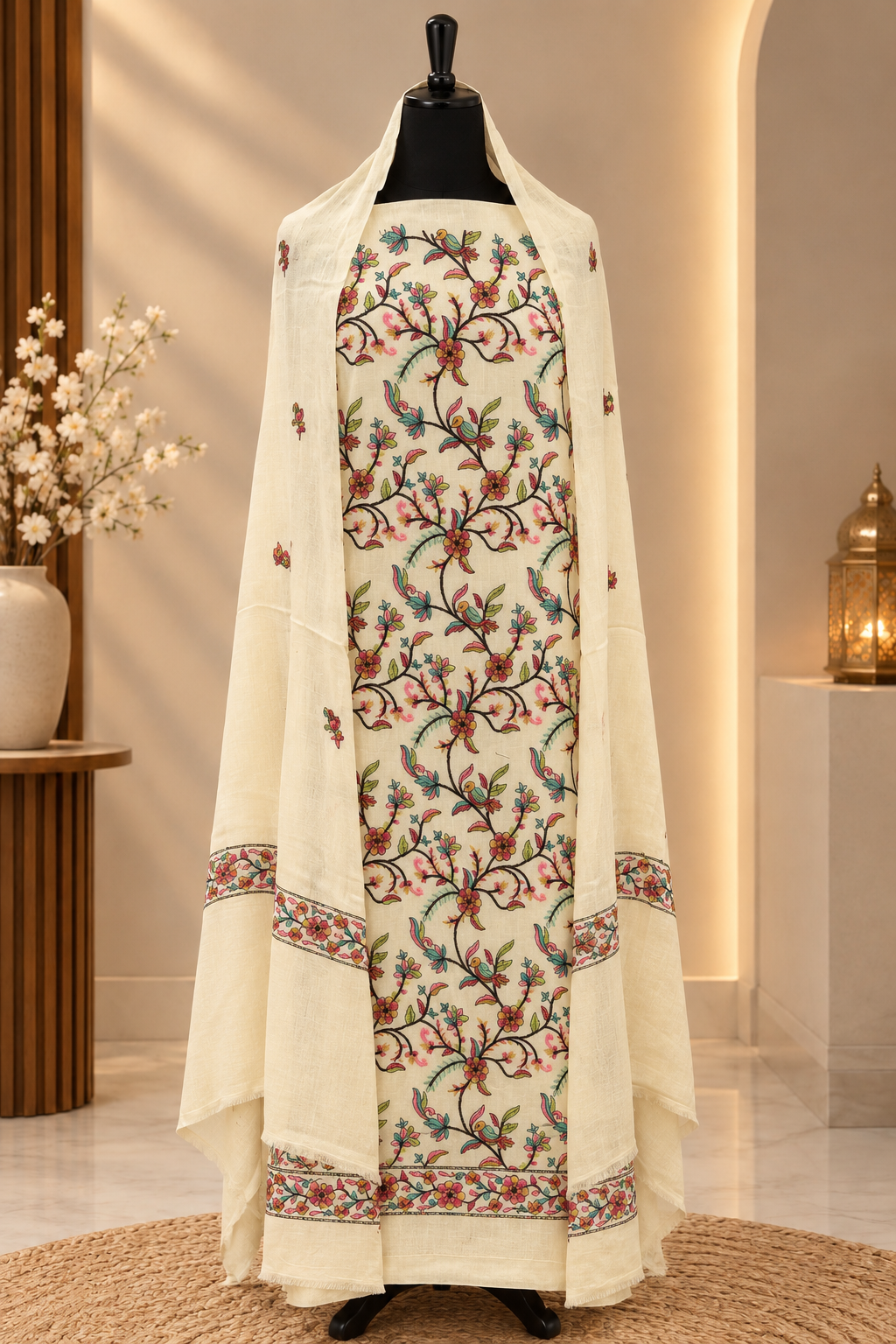 Cream Premium Pashmina 3-Piece Embroidered Suit – Floral Jaal