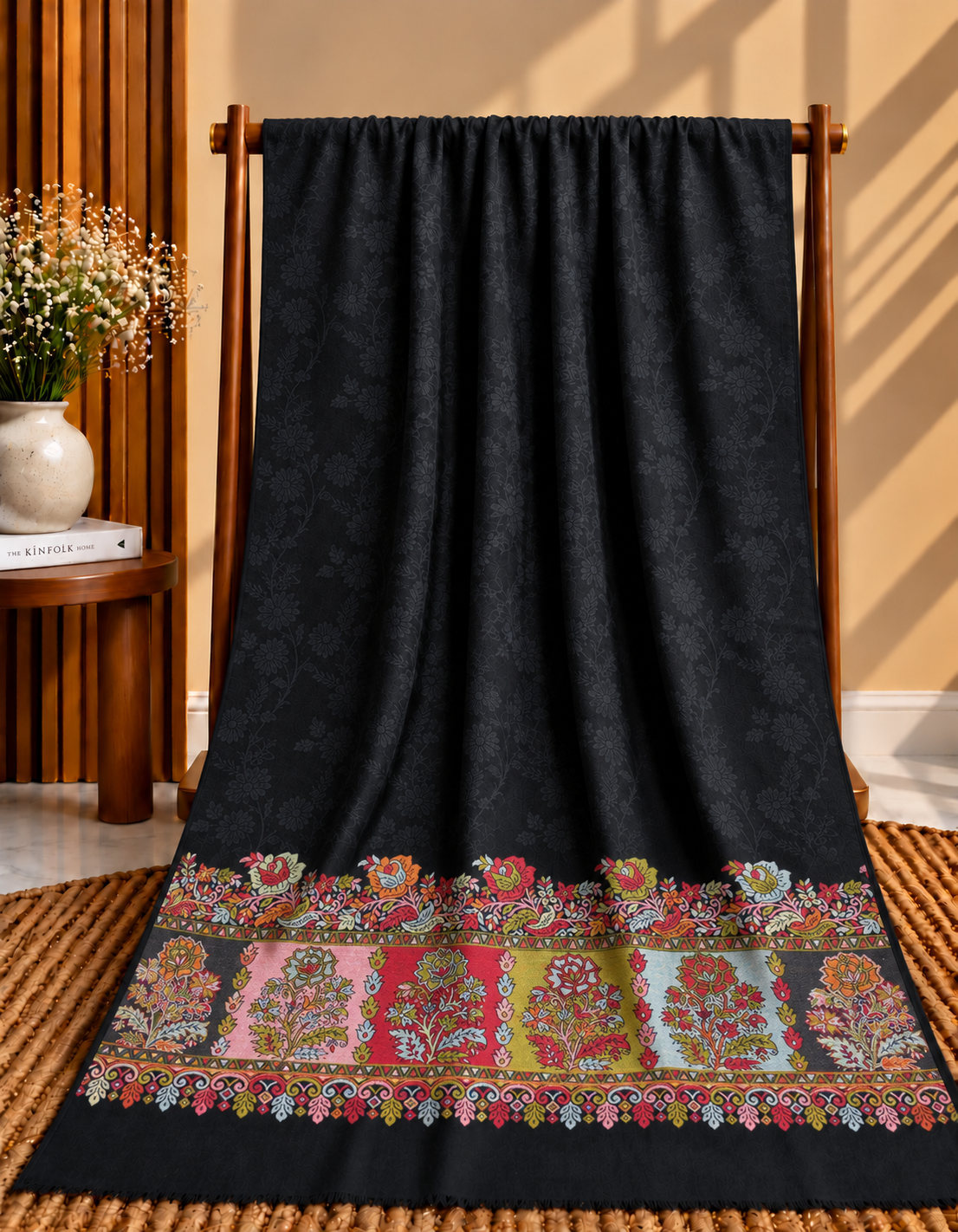 Black Pashmina Kani Border with Self Print Shawl