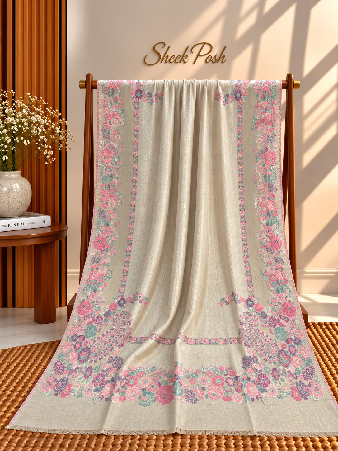 Off-White Moonlight Kani Border Shawl – Pink Floral Jaal
