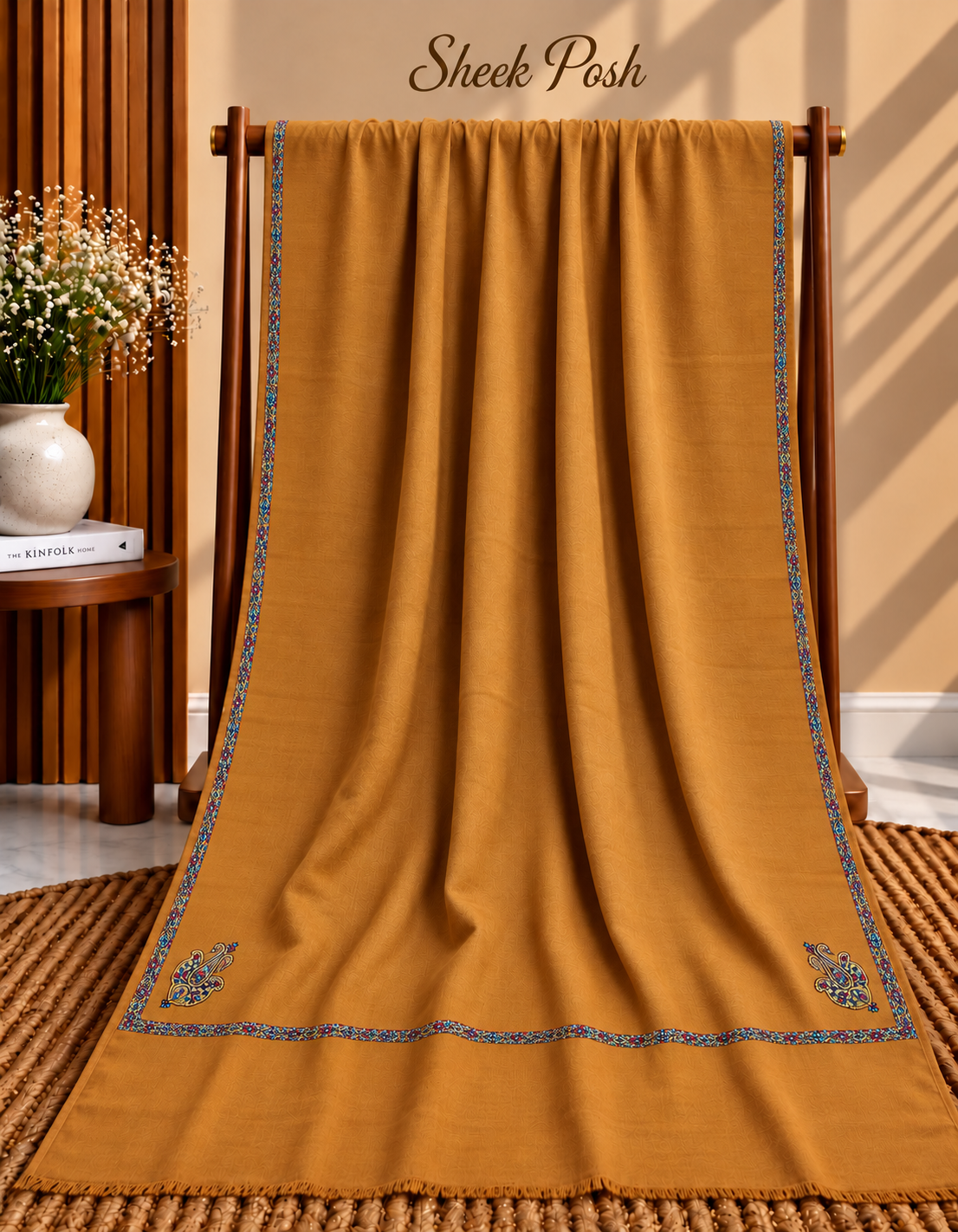 Rust 4-Side Kingri Border Embroidered Pashmina Shawl