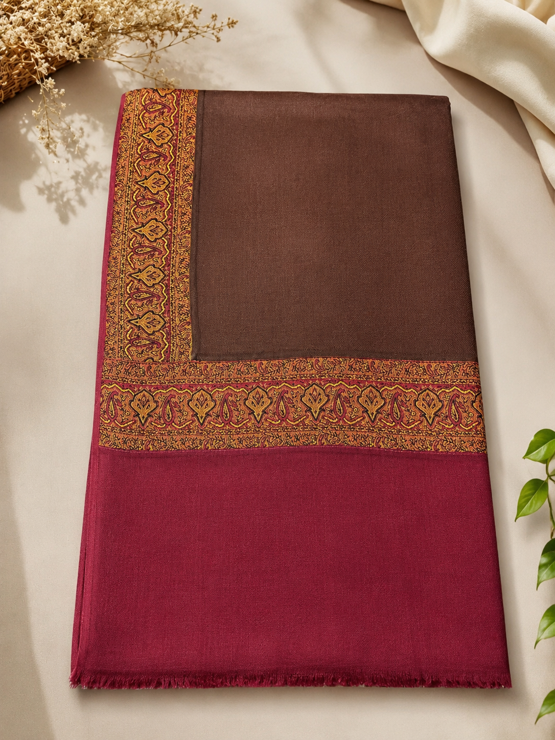 Choc Brown Kani Border Pashmina Shawl | Premium Quality | Perfect Gift for Loved Ones