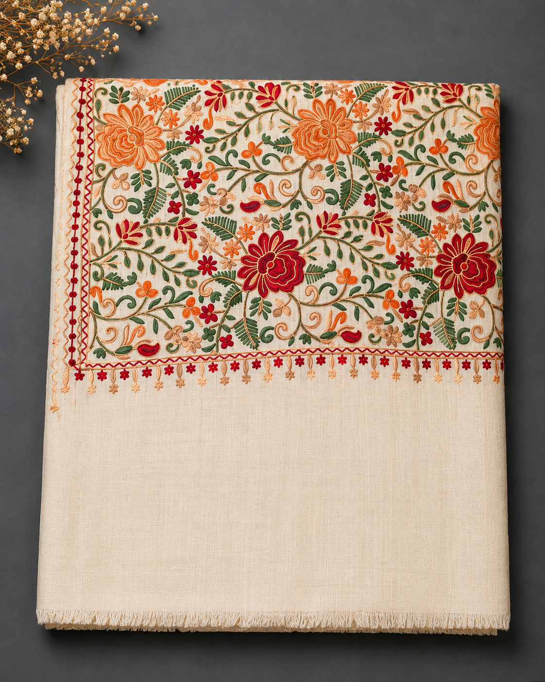 Light Skin Pashmina Full Embroidered Shawl | Kashmiri Aar Work | Elegant Jaal Design