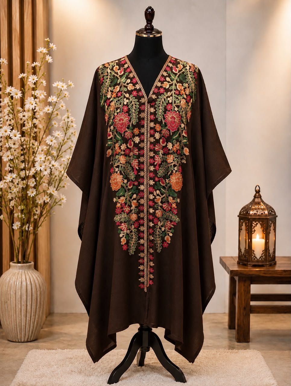 Choc Brown Pashmina Kashmiri Embroidered Cape Shawl image 0