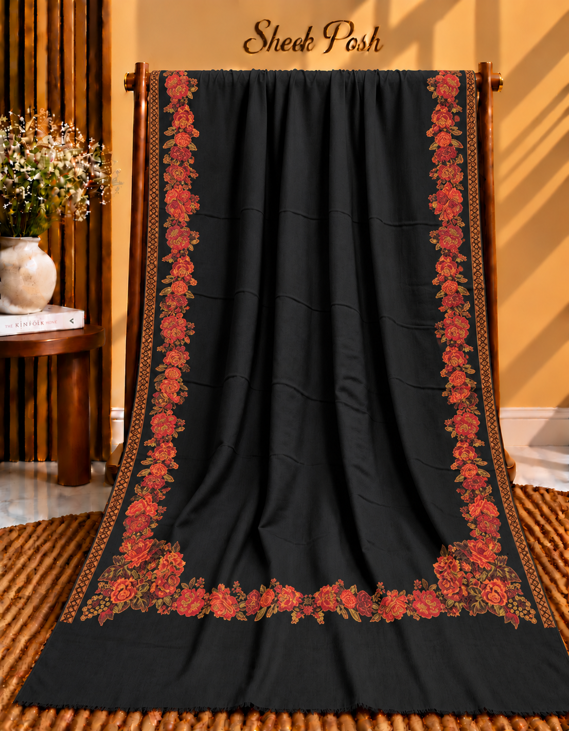 Black Pashmina Kani Floral Border Shawl