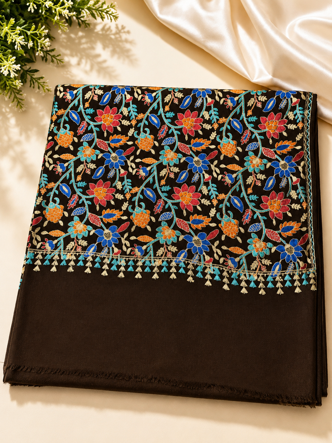 Choc Brown Kashmiri Jaal Shawl | Full Embroidered Shawl Resham Work Aar Embroidery