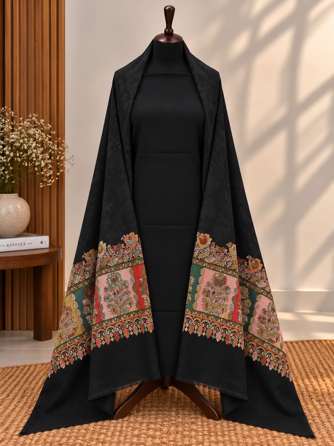 Black 3-Piece Plain Pashmina Suit with Kani Border Self Shawl