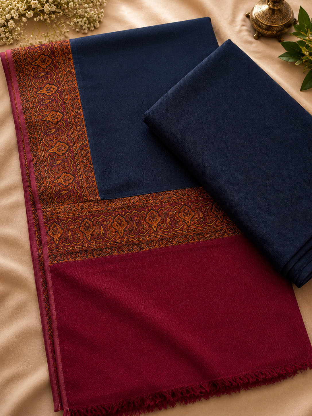 Navy Blue 3-Piece Plain Pashmina Suit with Kani Border Shawl