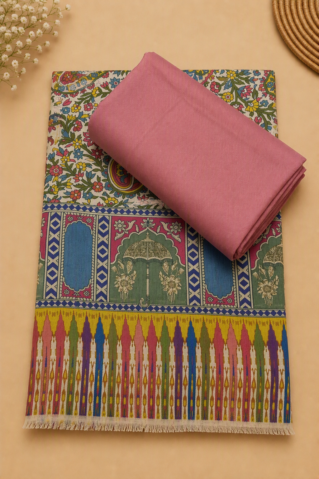 Pink 3-Piece Plain Pashmina Suit with Mughal Arch Printed Pashmina Shawl