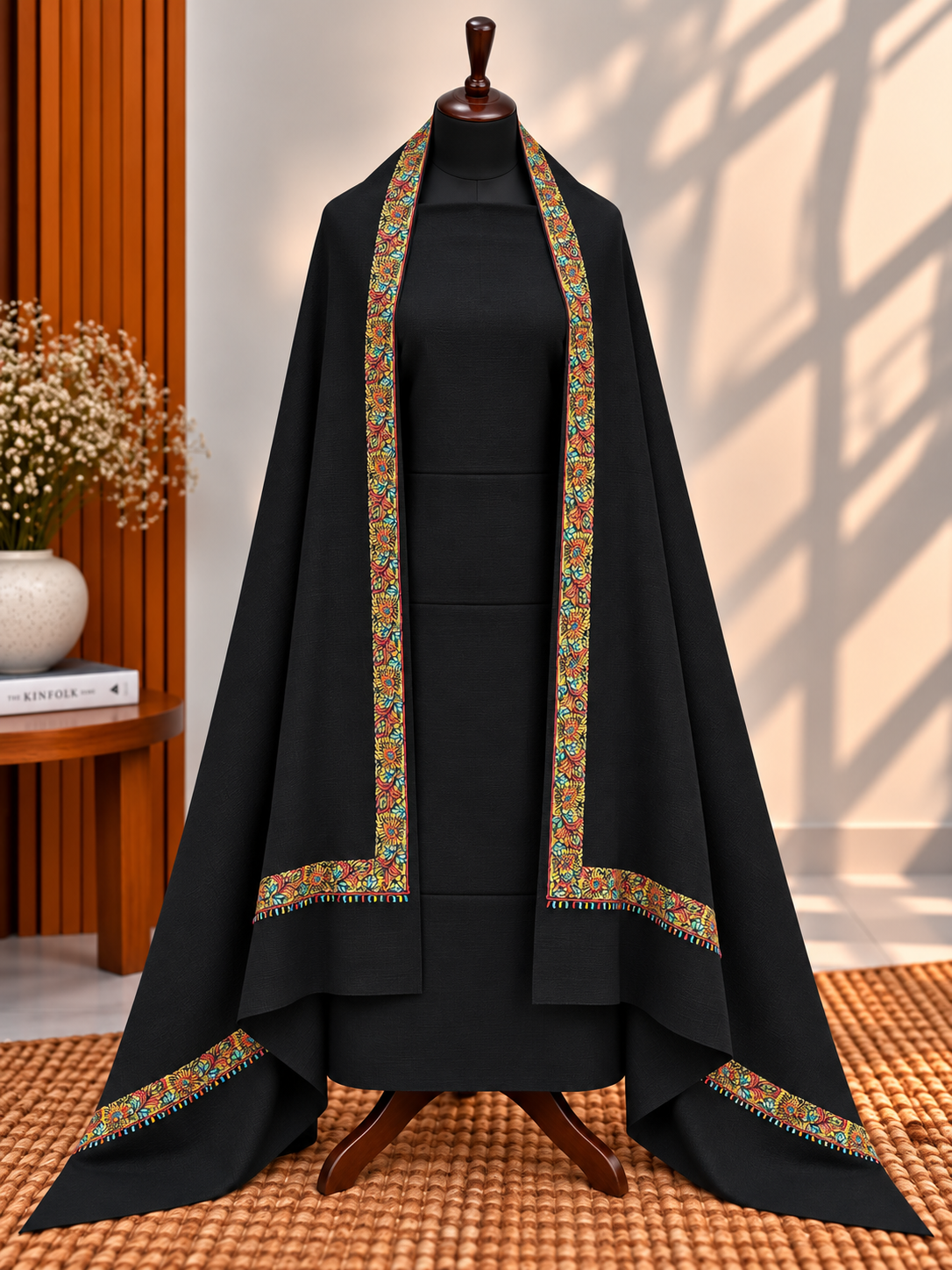 Black 3-Piece Plain Pashmina Suit with 4-Side Hashia Border Shawl