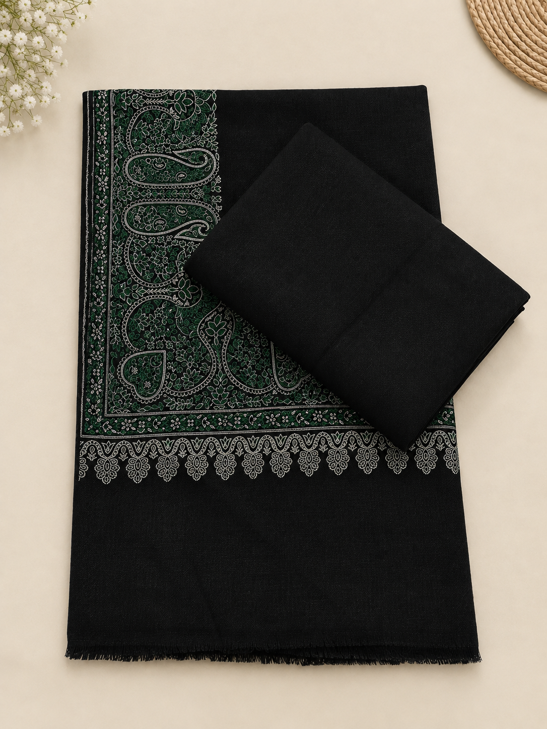 Black 3-Piece Plain Pashmina Suit with Black Kani Border Shawl (Green Border)