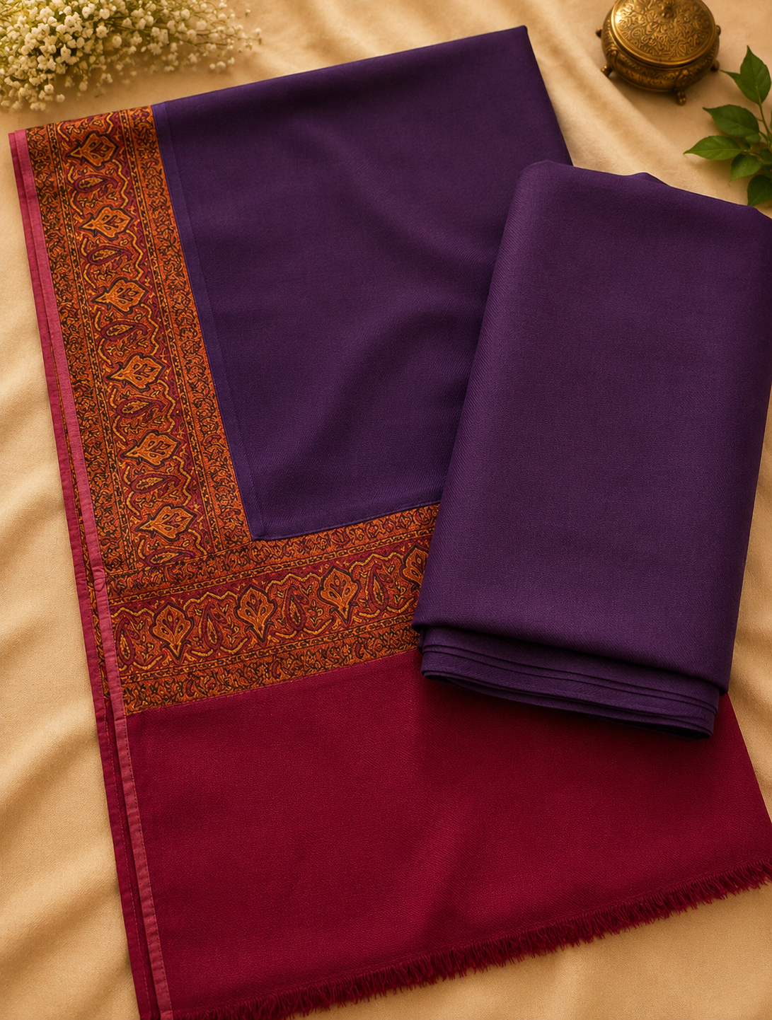 Dark Purple 3-Piece Plain Pashmina Suit with Kani Border Shawl