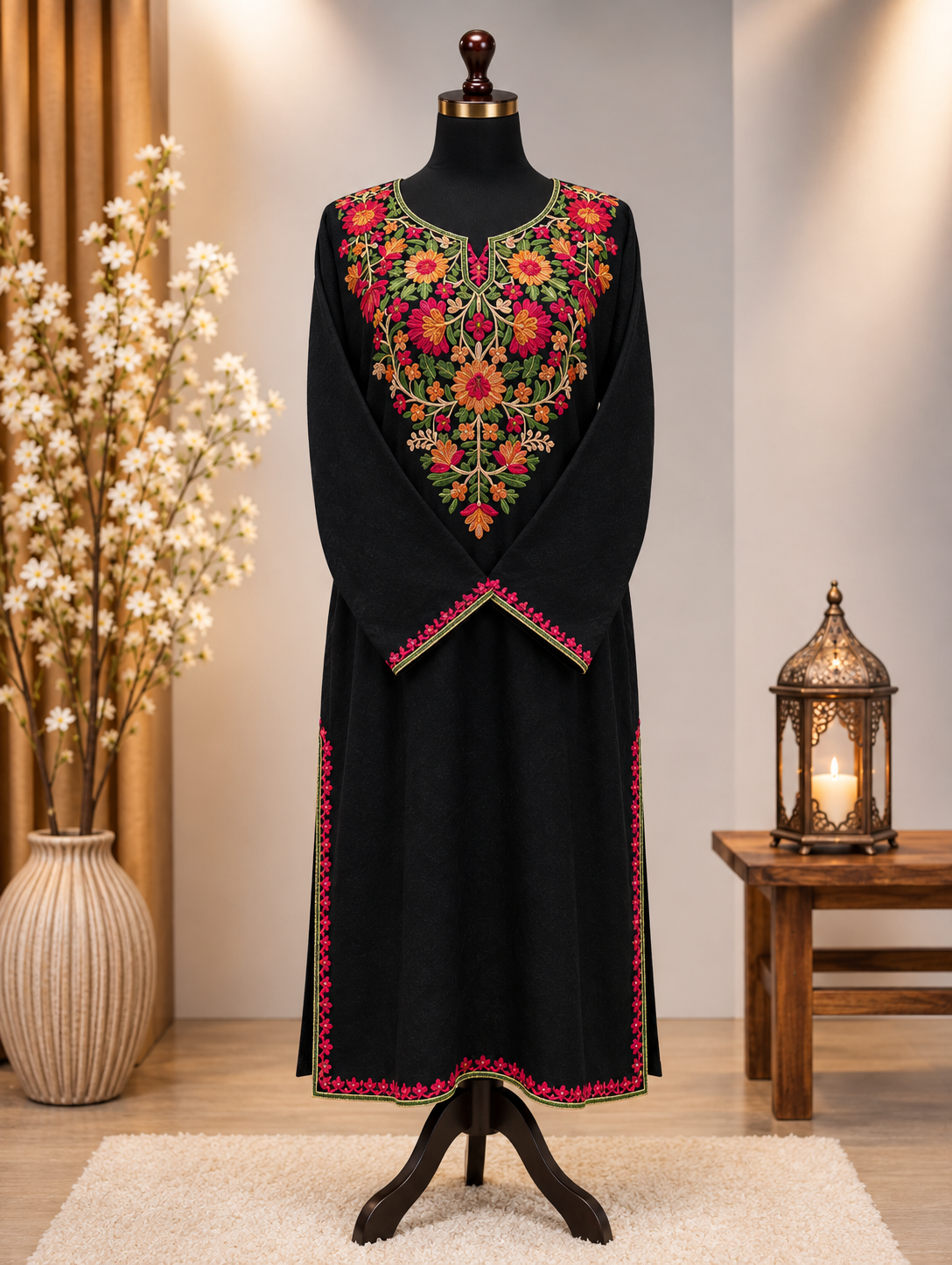 Black Kashmiri Pashmina Embroidered Pheran Shirt Only
