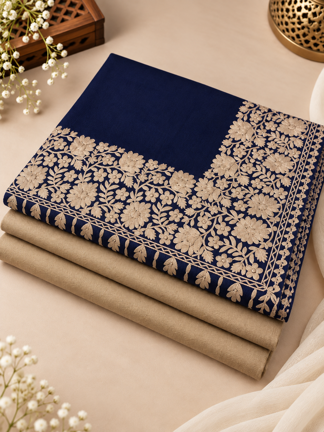 Beige Skin 3-Piece Plain Pashmina Suit with Navy & Gold 4-Side Kashmiri Border Embroidered Shawl