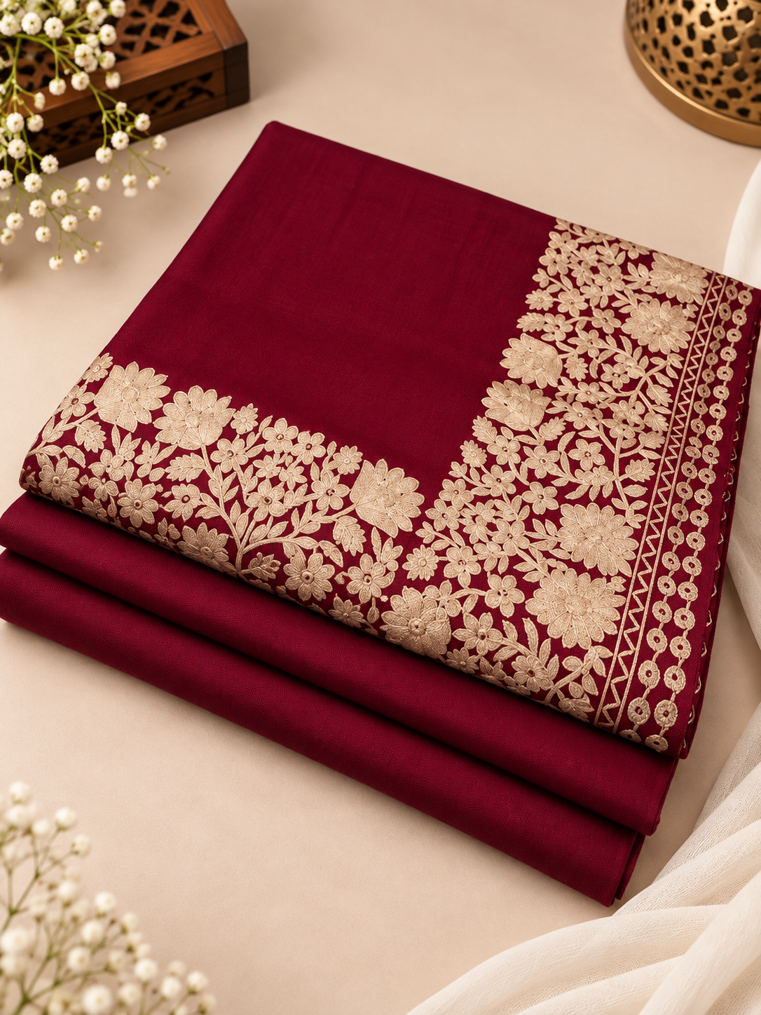 Maroon 3-Piece Plain Pashmina Suit with Maroon & Gold 4-Side Kashmiri Border Embroidered Shawl
