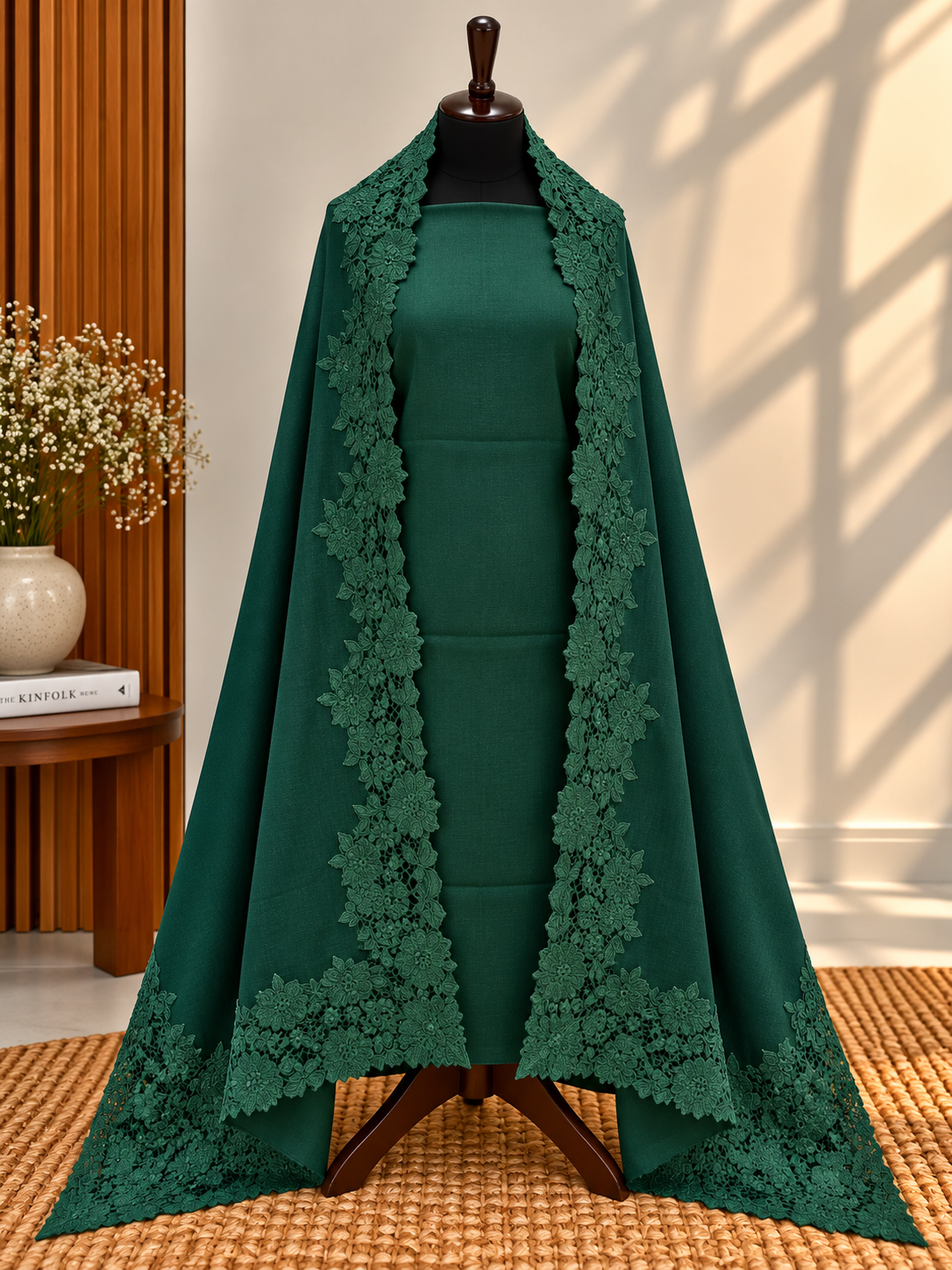 Dark Green 3-Piece Plain Pashmina Suit with Chantilly & Appliqué Shawl