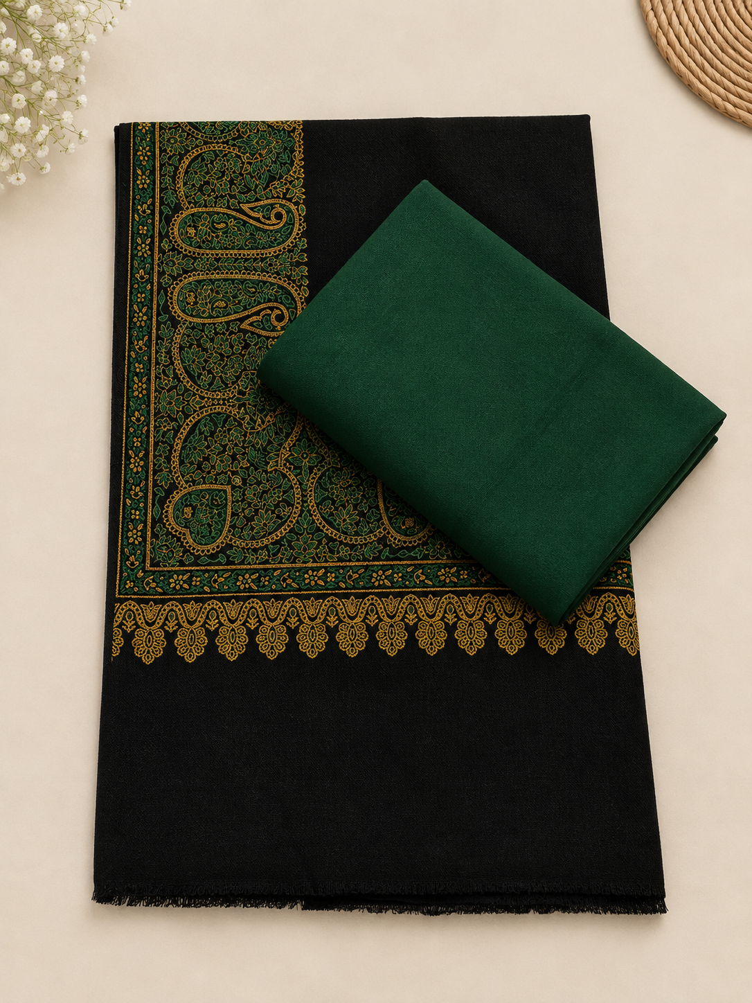 Bottle Green 3-Piece Plain Pashmina Suit with Black Kani Border Shawl (Green Border)