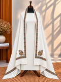 Off-White 3-Piece Plain Pashmina Suit with 4-Side Kingri Border Shawl