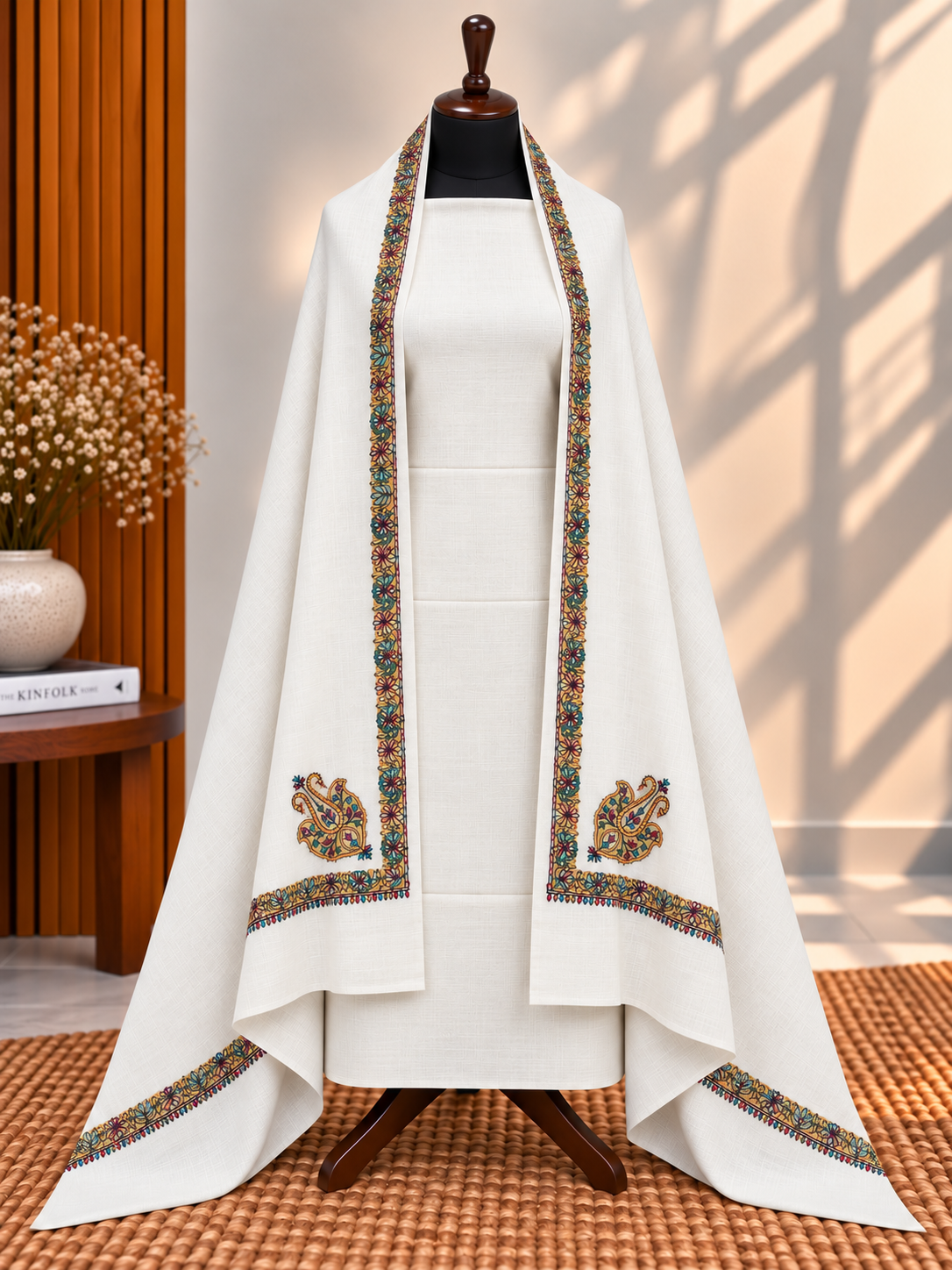 Off-White 3-Piece Plain Pashmina Suit with 4-Side Kingri Border Shawl
