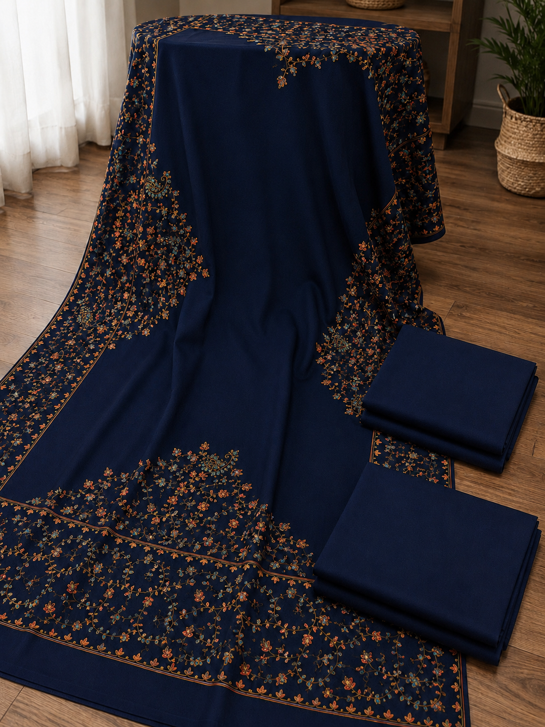 Navy Blue Plain Pashmina 3Pc Suit With Handmade Needle Work Shawl