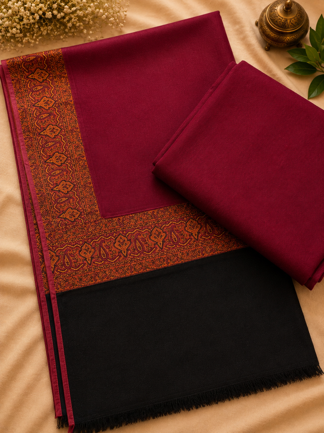 Maroon 3-Piece Plain Pashmina Suit with Kani Border Shawl