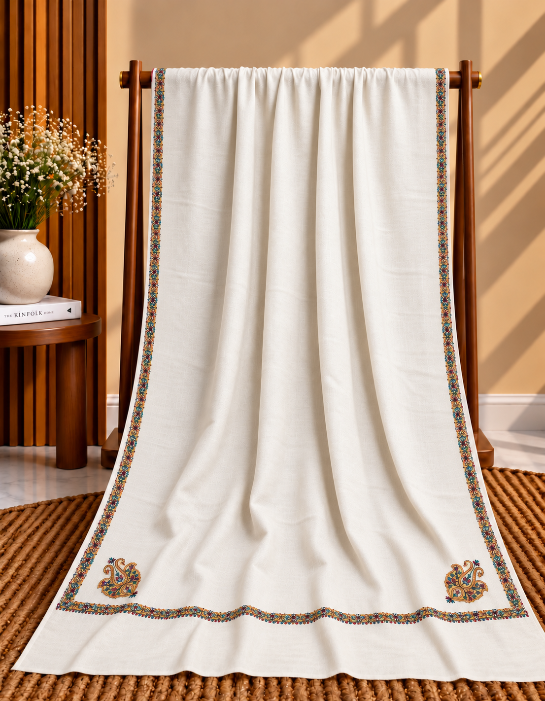 Off White 4-Side Kingri Border Embroidered Pashmina Shawl