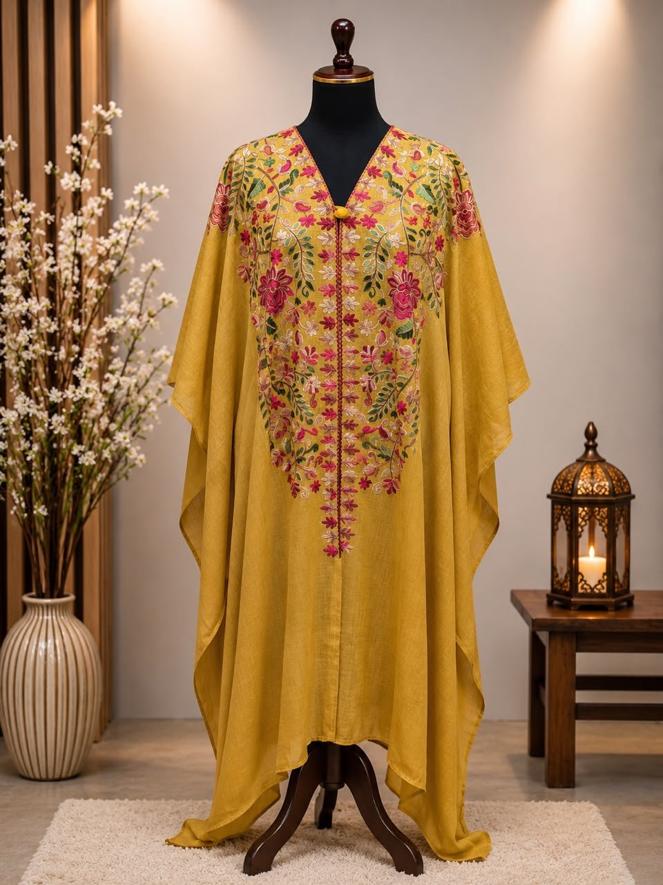 Mustard Pashmina Kashmiri Embroidered Cape Shawl image 0
