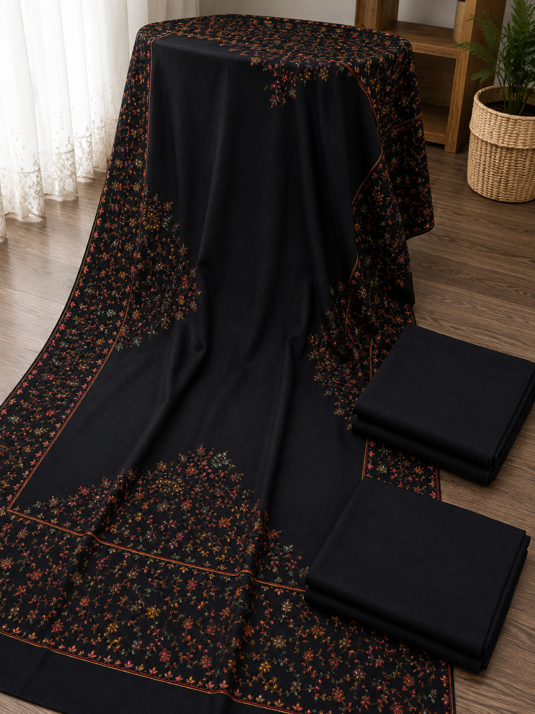 Black Plain Pashmina 3Pc Suit With Handmade Needle Work Shawl