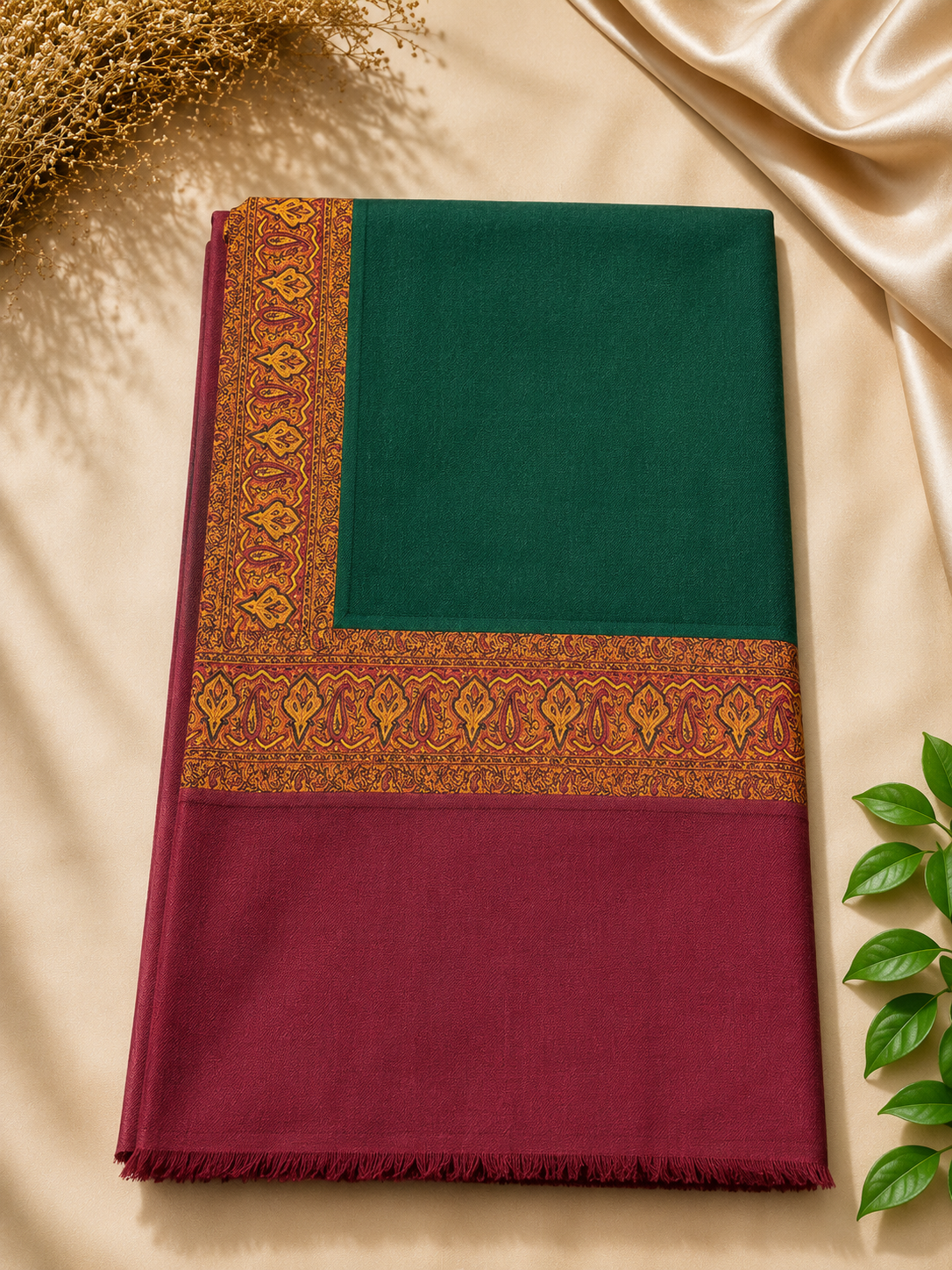 Bottle Green Kani Border Pashmina Shawl | Premium Quality | Perfect Gift for Loved Ones