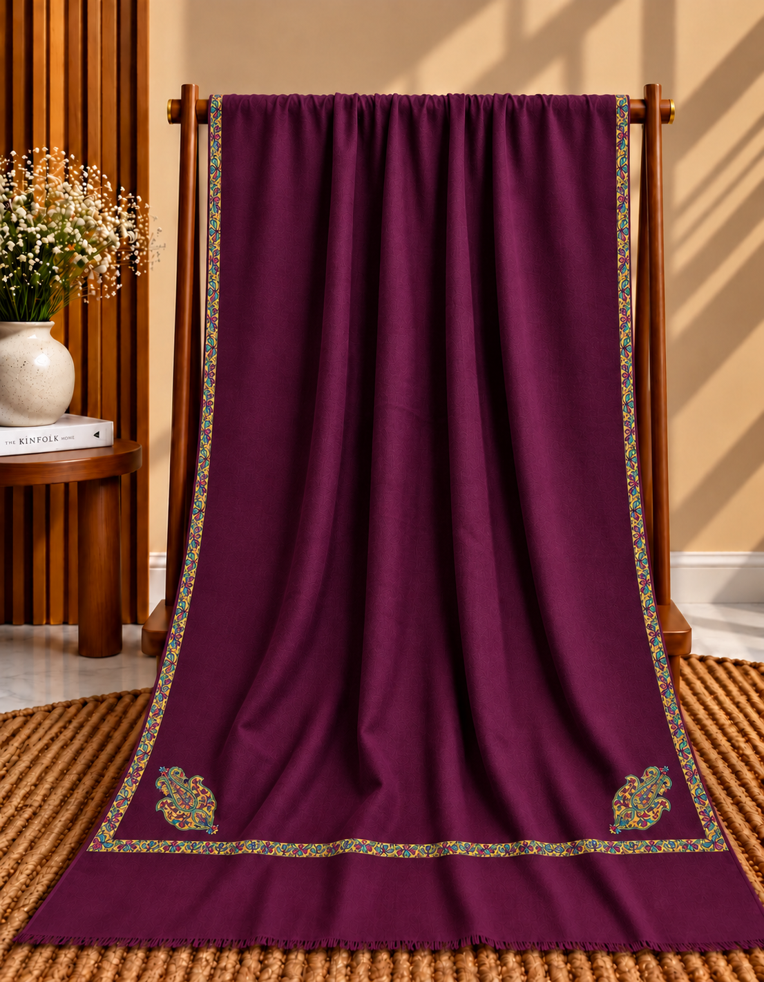 Burgundy 4-Side Kingri Border Embroidered Pashmina Shawl