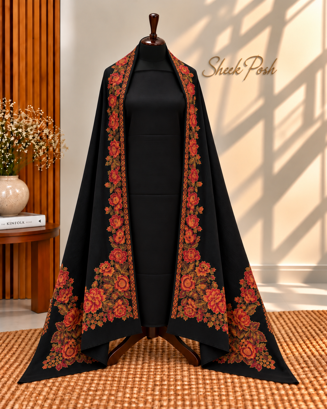 Black 3-Piece Plain Pashmina Suit with 4 Side Kani Floral Border Pashmina Shawl