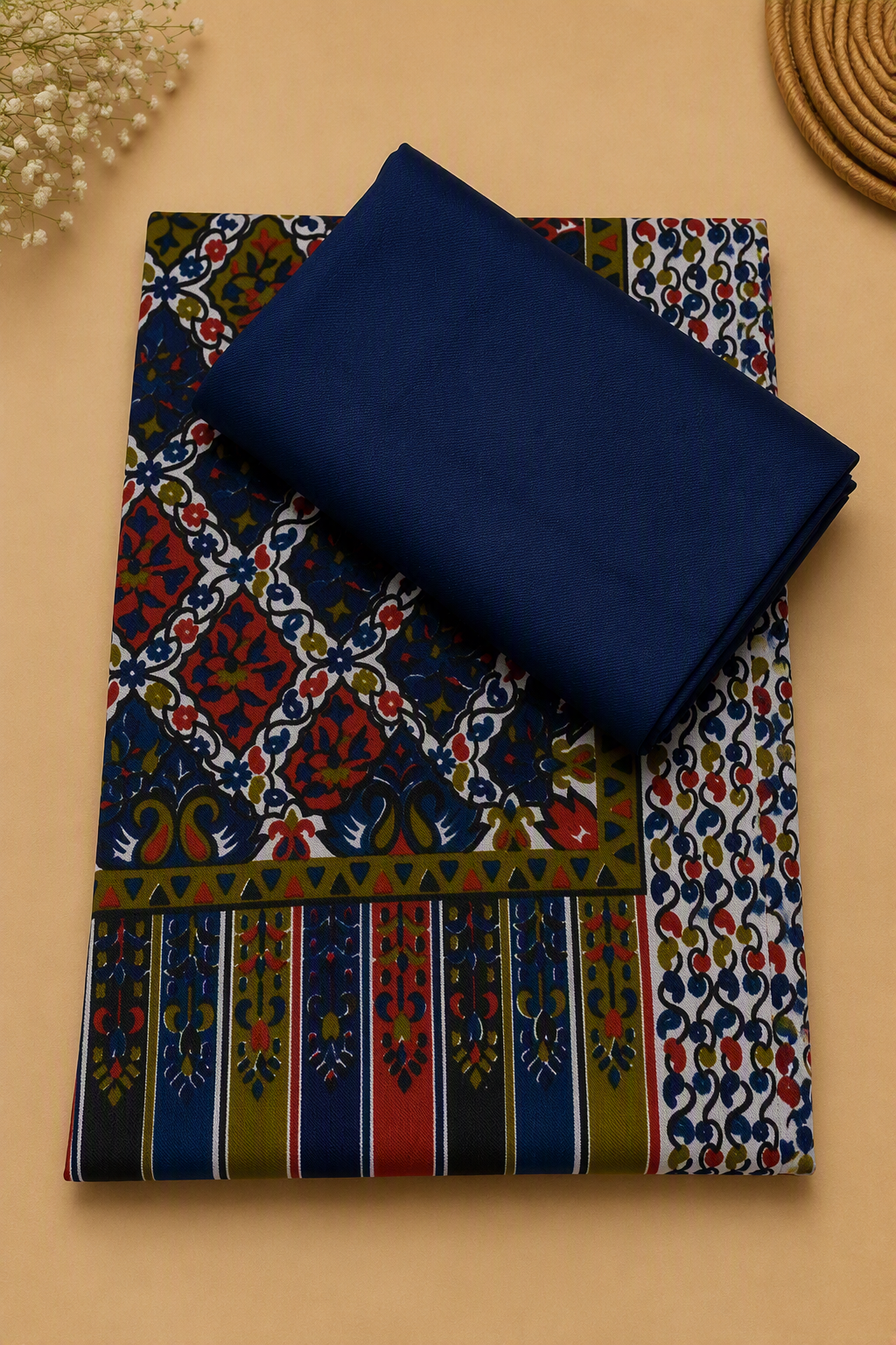 Navy Blue 3-Piece Plain Pashmina Suit with Geometric Printed Pashmina Shawl