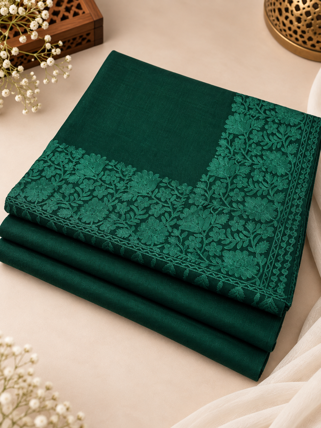 Bottle Green 3-Piece Plain Pashmina Suit with Bottle Green Tonal 4-Side Kashmiri Border Embroidered Shawl