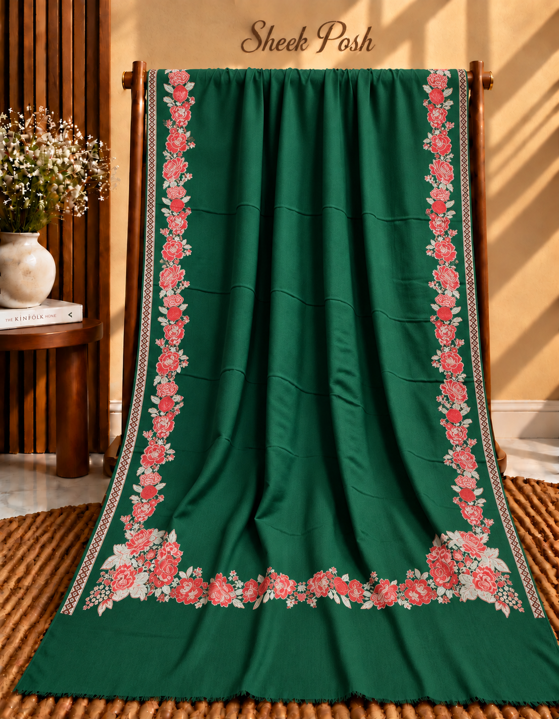 Bottle Green Pashmina Kani Floral Border Shawl