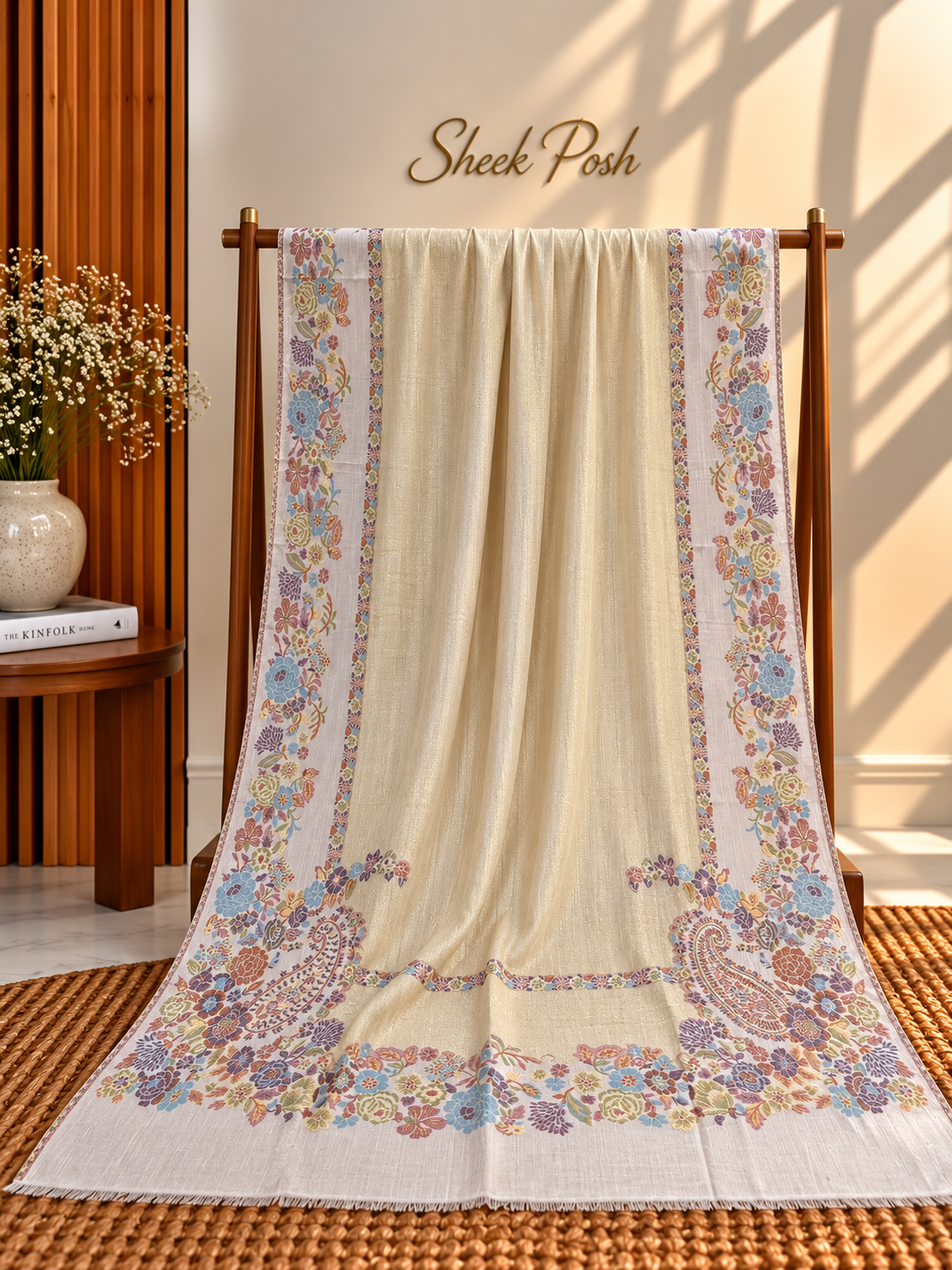Cream Moonlight Kani Border Shawl – Tea Pink Floral