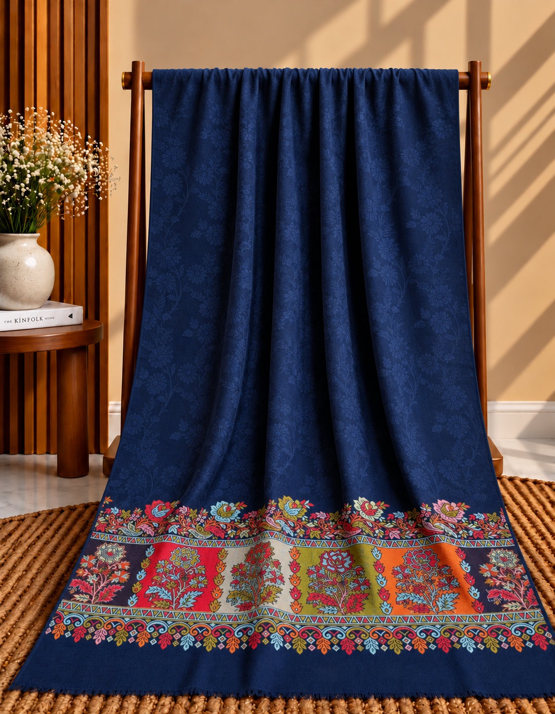 Navy Blue Pashmina Kani Border with Self Print Shawl