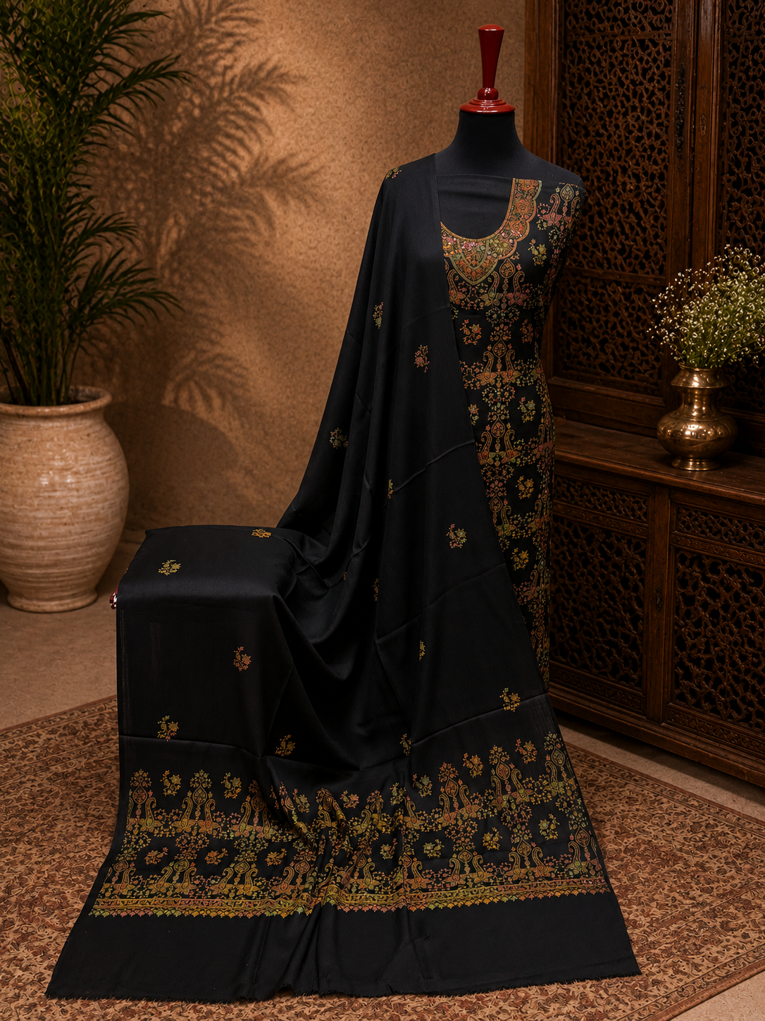 Jet Black Kashmiri Pashmina Handmade Kacha Tanka Needle Work 3Pc Suit
